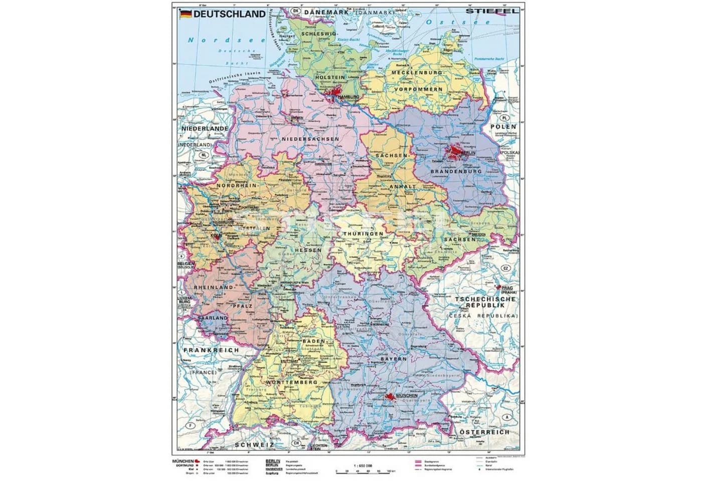 STIEFEL Wandbild Landkarte Deutschland politisch mit Postleitzahlen