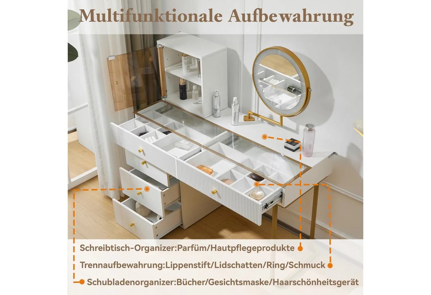 i@home Schminktisch mit LED-Spiegel und Glasplatte Weiß