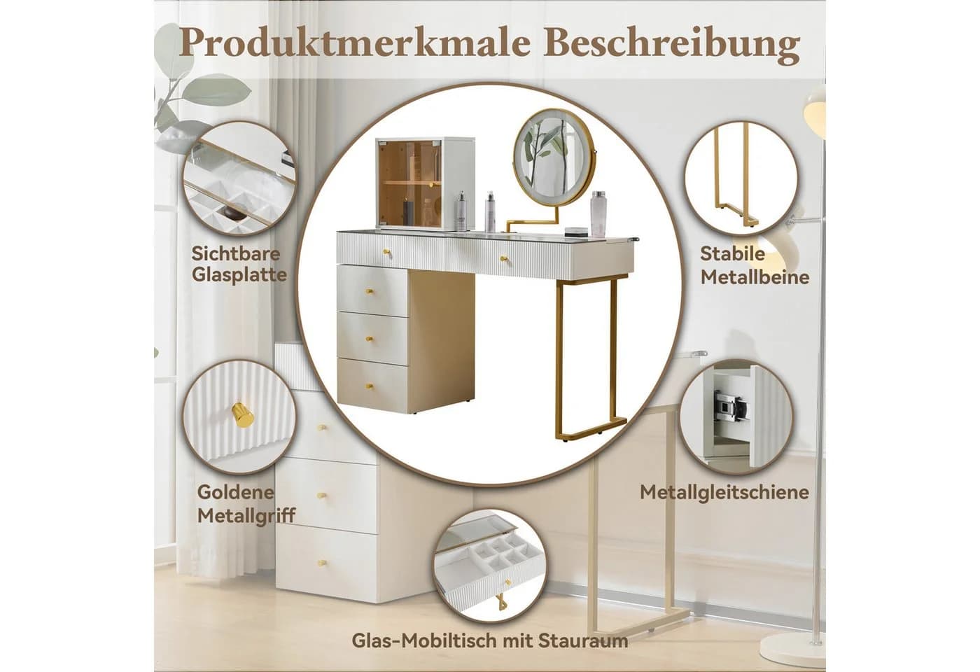 i@home Schminktisch mit LED-Spiegel und Glasplatte Weiß - Bild 4