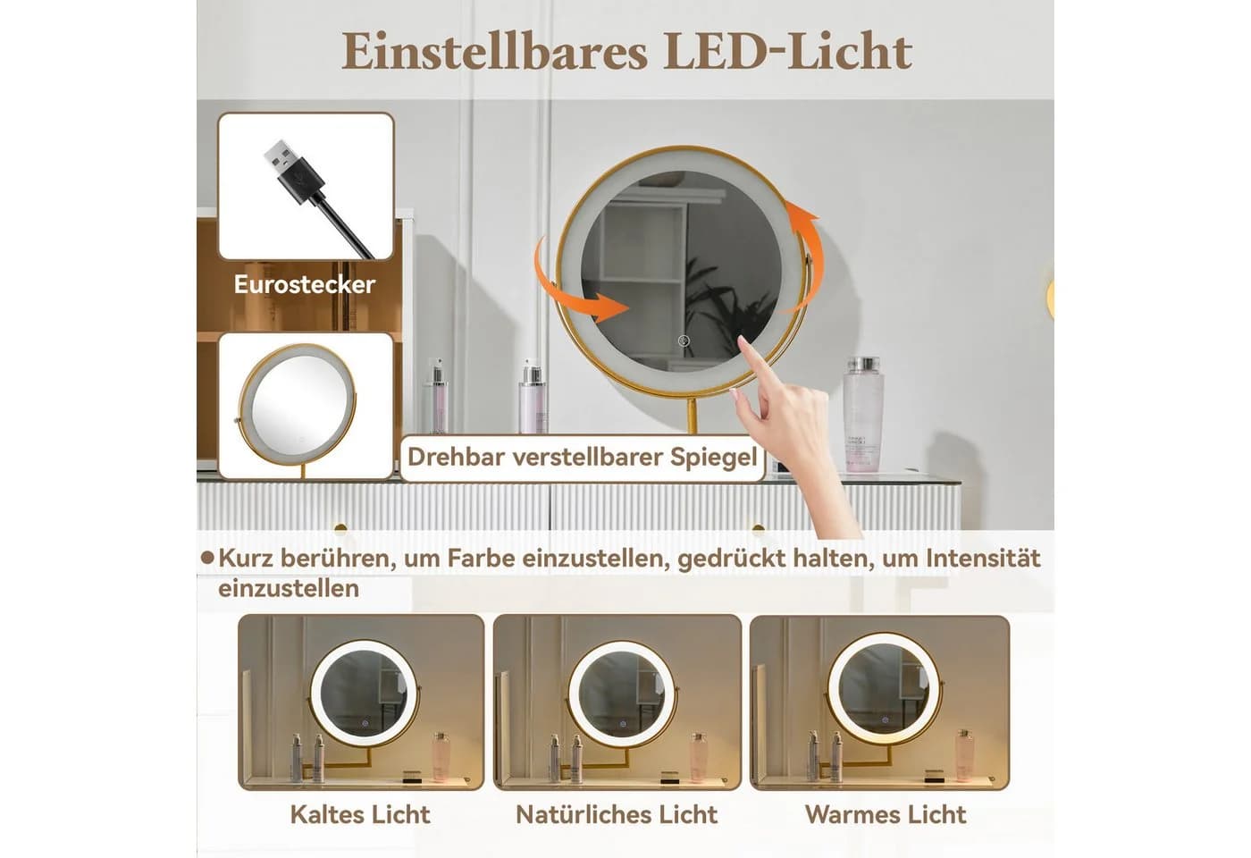 i@home Schminktisch mit LED-Spiegel und Glasplatte Weiß - Bild 5