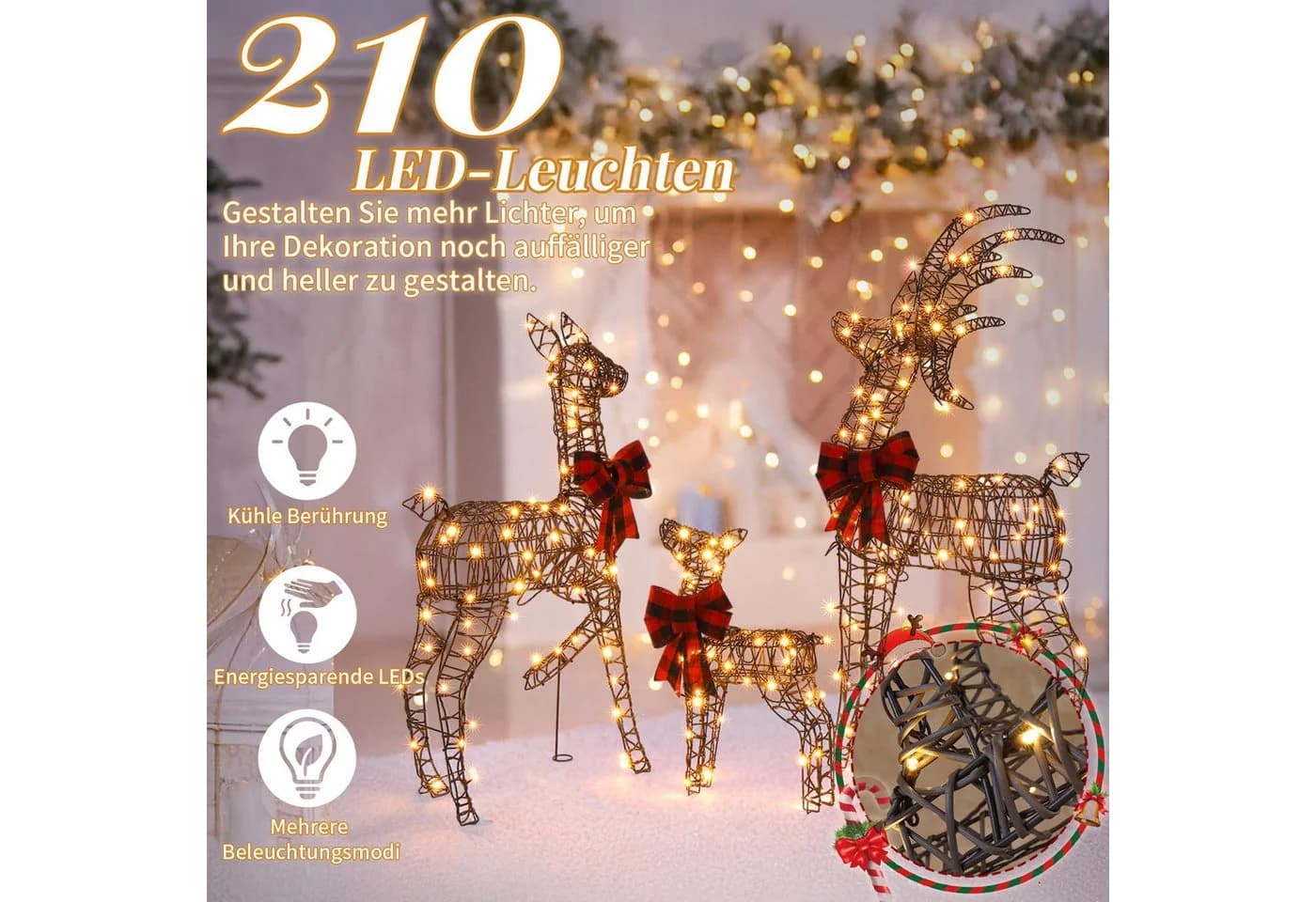 LALAHO 3-teiliges LED Rentier Set Weihnachtsbeleuchtung Warmweiß - Bild 4