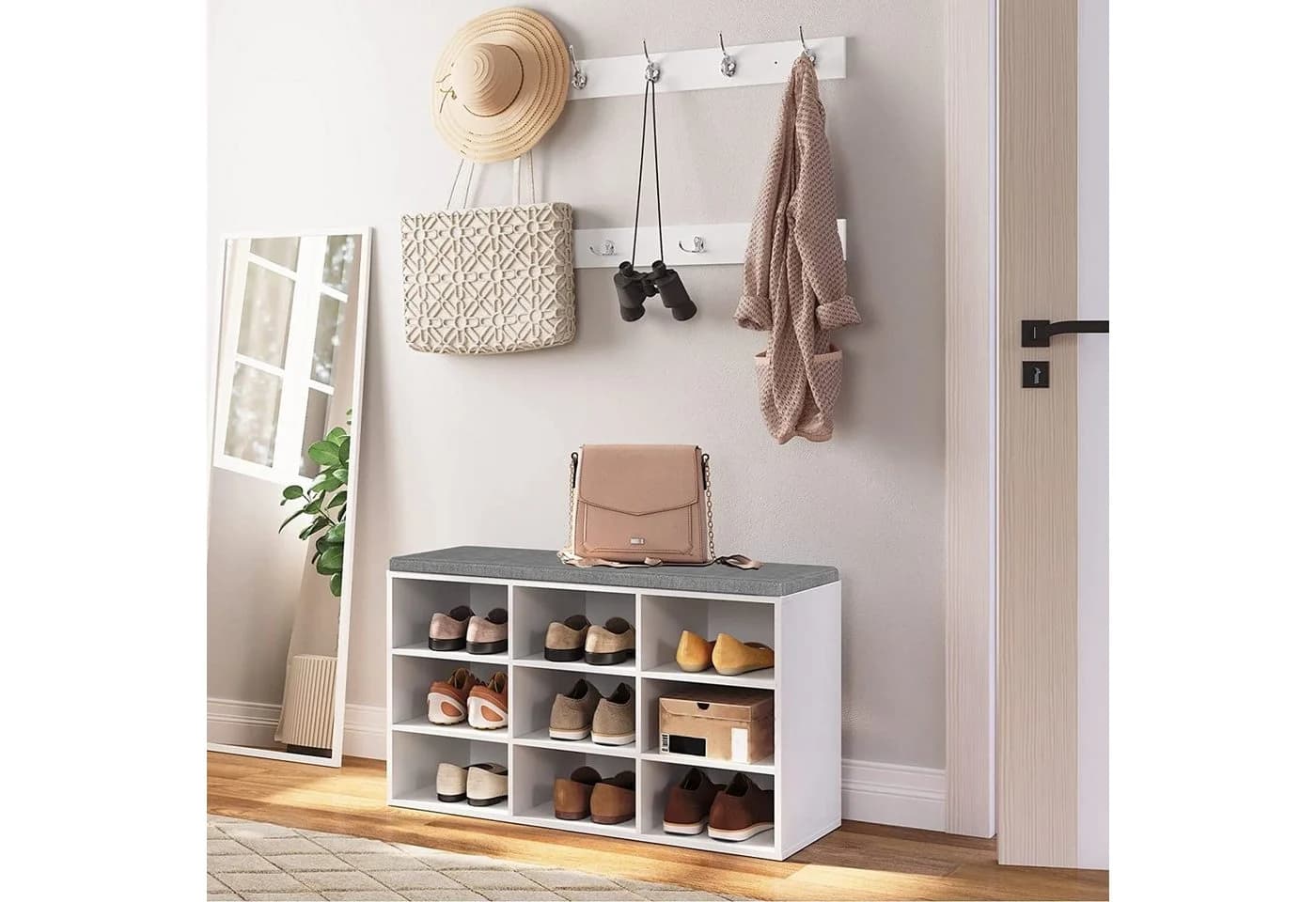 Hoobro Schuhregal Garderobe Set mit 9 Fächern und gepolsterter Sitzbank Weiß
