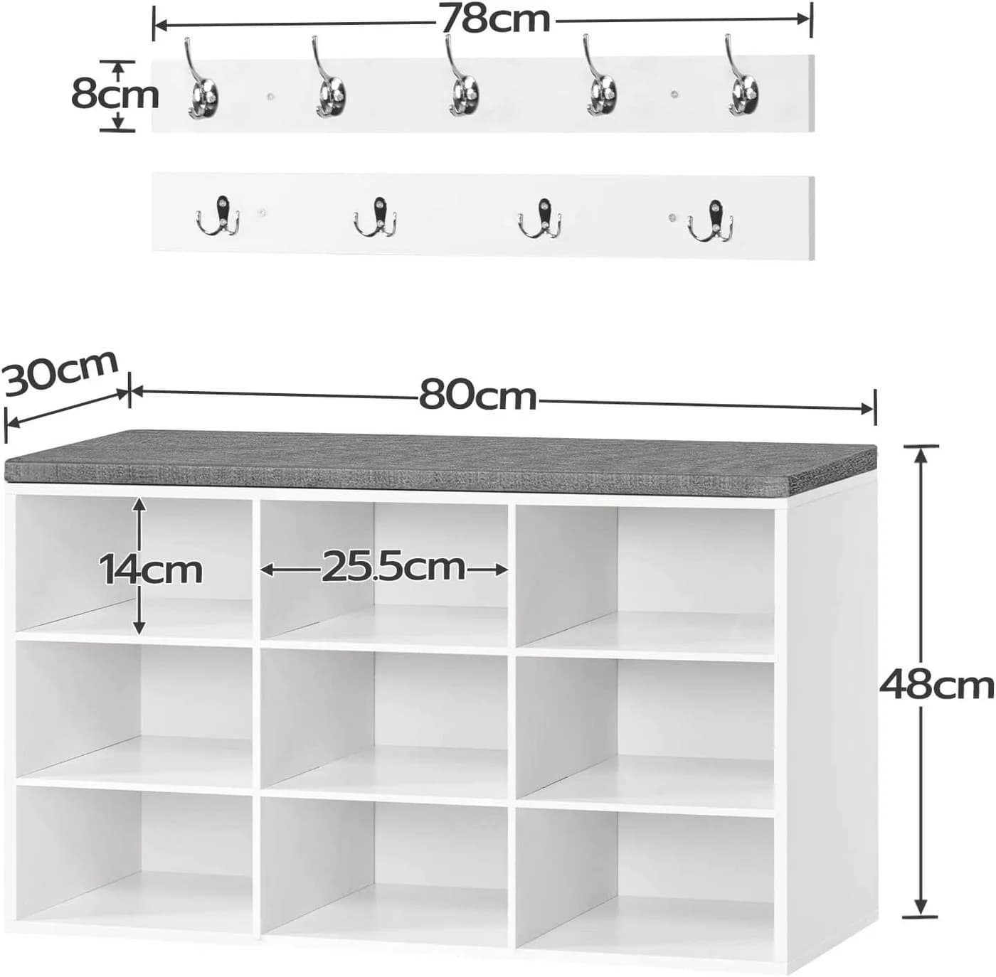 Hoobro Schuhregal Garderobe Set mit 9 Fächern und gepolsterter Sitzbank Weiß - Bild 3