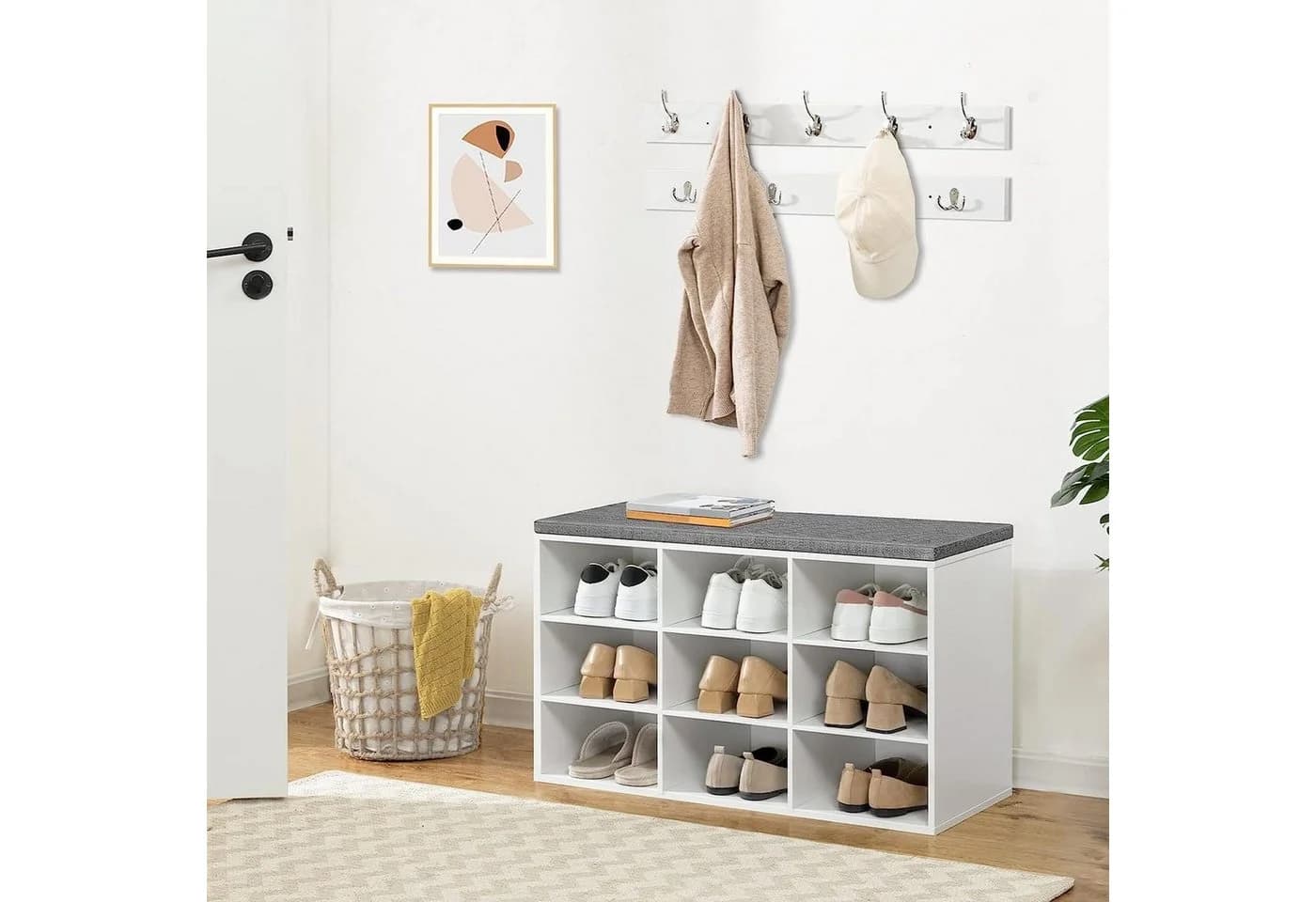 Hoobro Schuhregal Garderobe Set mit 9 Fächern und gepolsterter Sitzbank Weiß - Bild 4