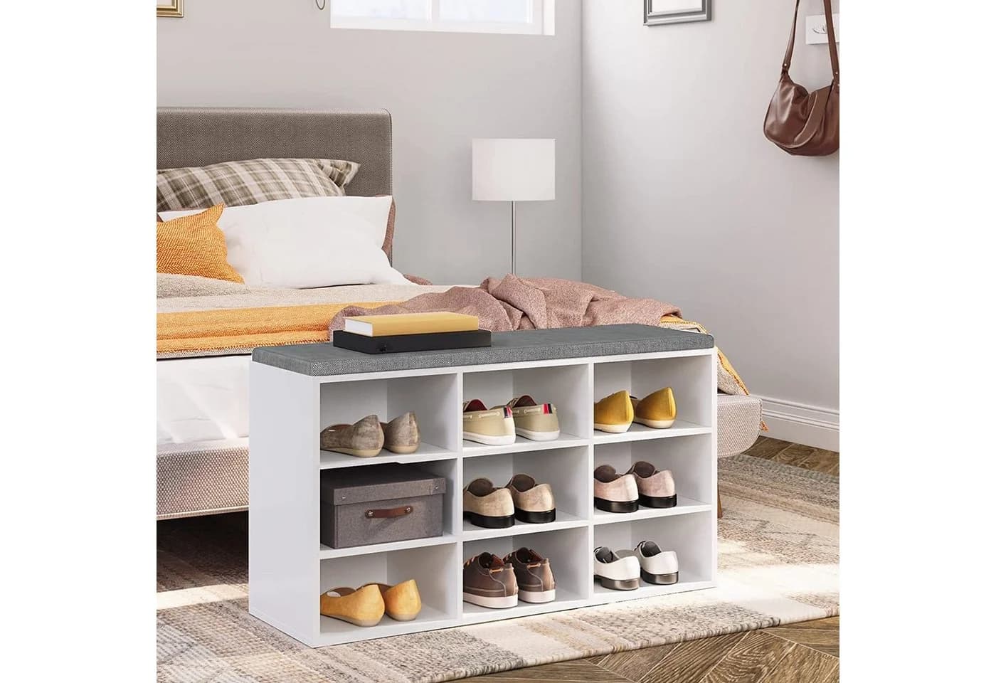 Hoobro Schuhregal Garderobe Set mit 9 Fächern und gepolsterter Sitzbank Weiß - Bild 5