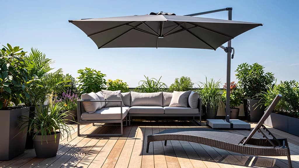 Anthrazitfarbener Ampelschirm spendet Schatten über einer grauen Aluminium-Gartenlounge mit Sonnenliege auf einer sonnigen Holzterrasse.