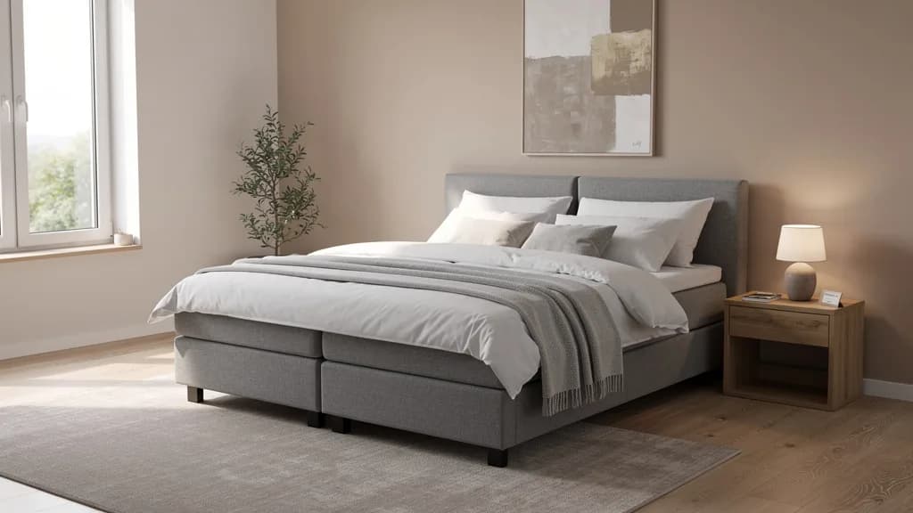 Modernes Schlafzimmer mit grauem Boxspringbett, Nachttisch und Leselampe in warmen Beigetönen.