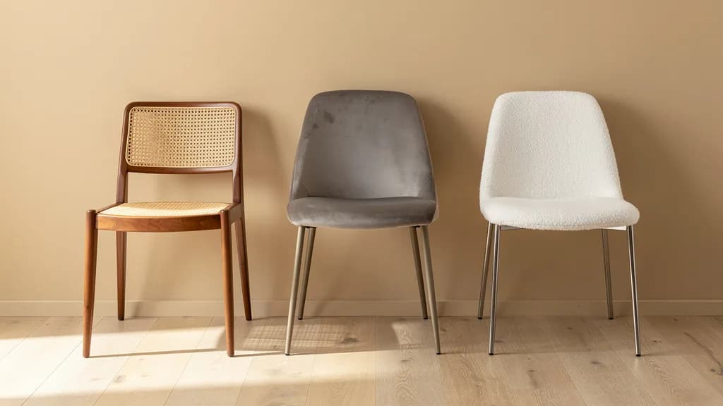 Drei moderne Esszimmerstühle nebeneinander an einer beigen Wand: Rattan mit Holzgestell, grauer Samt mit Metallbeinen und weißes Bouclé mit Stahlgestell