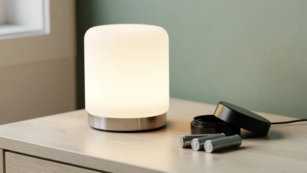 Akku-Tischleuchte mit warm leuchtendem Milchglasschirm auf heller Eichenkommode, daneben ein geöffneter Batteriedeckel und zwei Rundzellen.