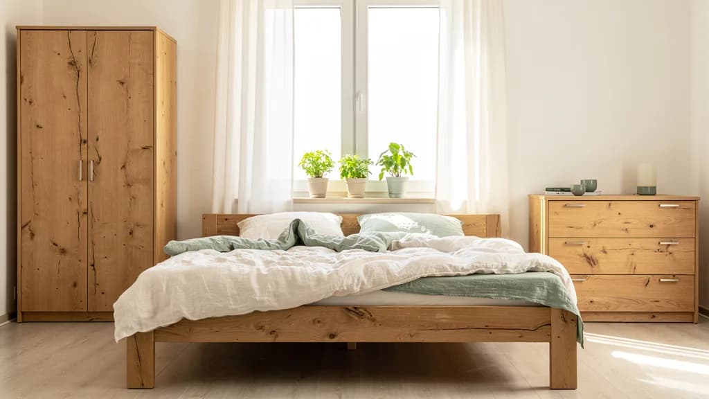 Helles Schlafzimmer mit Eichenschrank, Eichenbett mit Leinenbettwäsche, Kommode und Grünpflanzen am Fenster.
