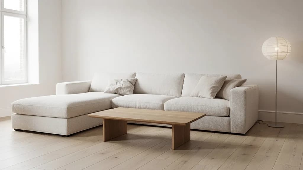 Helles skandinavisches Wohnzimmer mit modularem Boucléesofa in Cremeweiß und Couchtisch aus Eiche