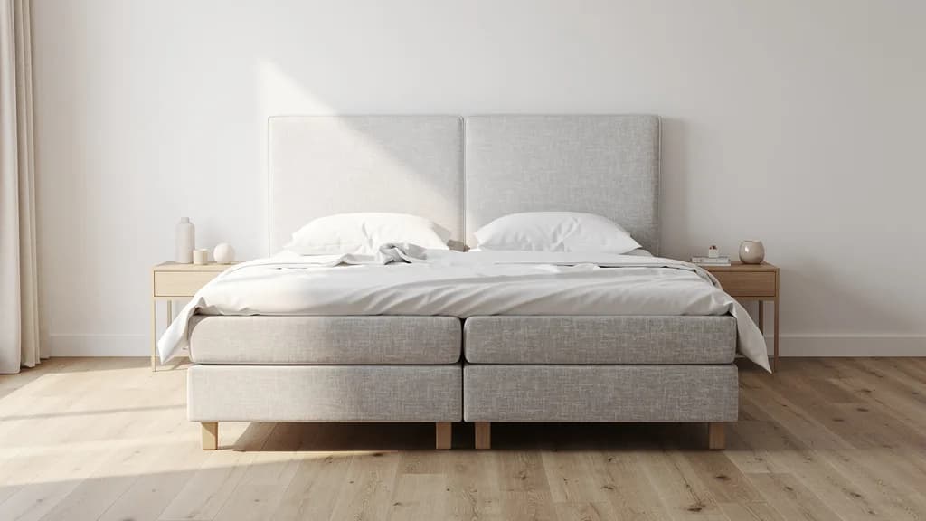 Graues Boxspringbett mit hohem Stoff-Kopfteil und weißer Bettwäsche in einem hellen, minimalistischen Schlafzimmer.