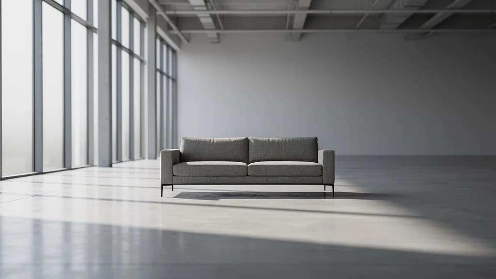 Einzelnes graues Stoffsofa in einer leeren Möbelausstellungshalle mit hohen Fenstern und Betonboden.