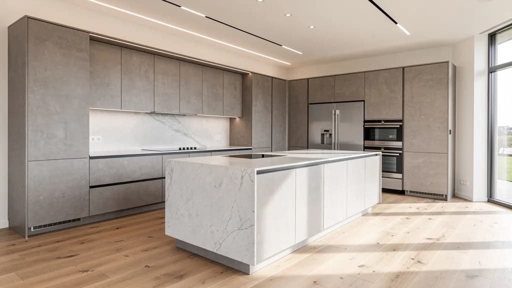 Moderne Luxusküche mit matten grauen Steinfronten und einer Kücheninsel aus weißem Marmor bei Tageslicht.