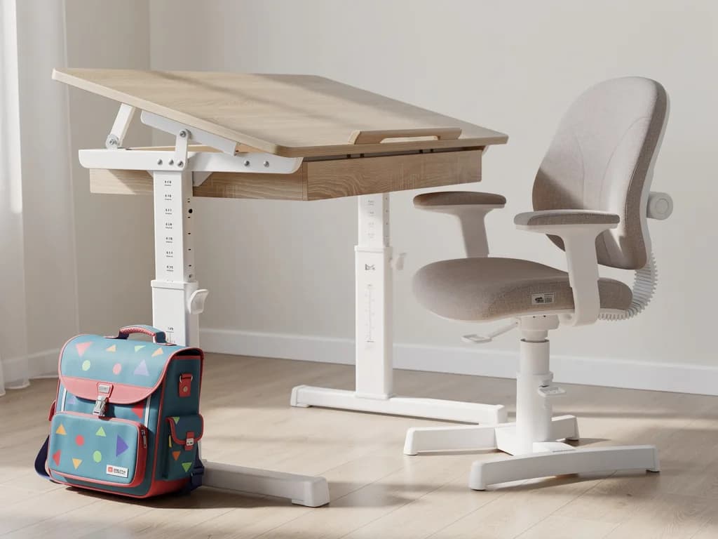 Nahaufnahme eines höhenverstellbaren Schreibtischs mit neigbarer Holzplatte, ergonomischem Kinderstuhl und buntem Schulranzen.