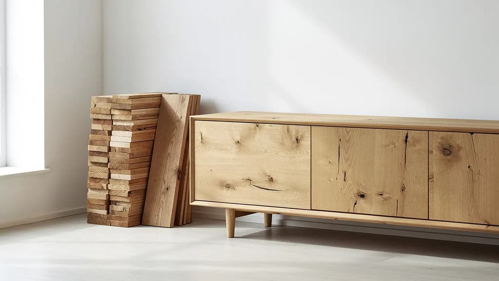 Massivholz-Sideboard aus Eiche mit sichtbarer Maserung neben einem Stapel gesägter Eichenbretter in einem hellen Raum.