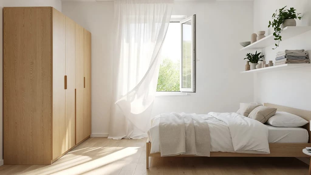 Helles Schlafzimmer mit großem Kleiderschrank aus heller Eiche und geöffnetem Fenster mit luftigen Vorhängen.