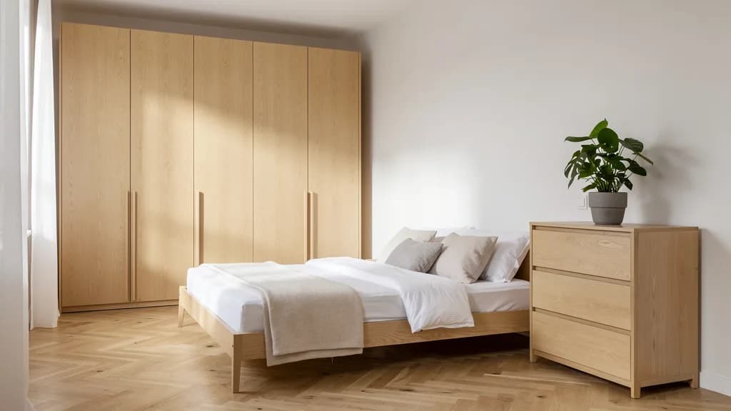 Helles Schlafzimmer mit großem Kleiderschrank und Kommode aus Eichenholz auf Fischgrätparkett.
