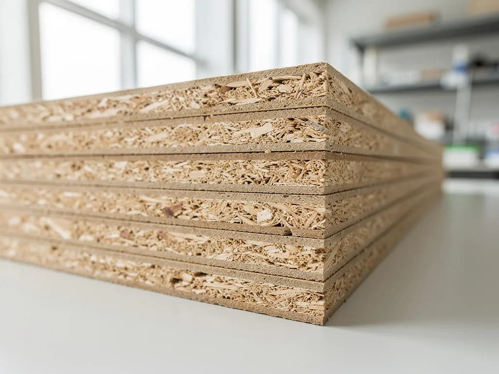 Gestapelte Spanplatten mit sichtbarer Holzspan-Struktur an den Schnittkanten auf einem Labortisch.