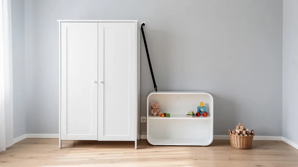 Weißer Kinderkleiderschrank mit schwarzem Kippschutzgurt zur Wand, daneben abgerundetes Spielzeugregal und Korb mit Holzklötzen.