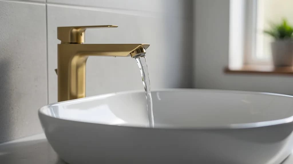 Goldfarbene Waschtischarmatur über einem weißen Aufsatzbecken, aus der klares Wasser läuft.