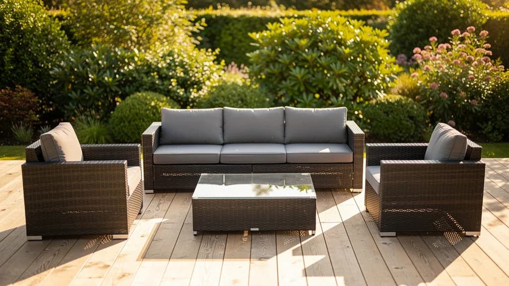 Dunkle Polyrattan-Gartenlounge mit grauen Kissen und Glastisch auf einer Holzterrasse im Sommergarten.