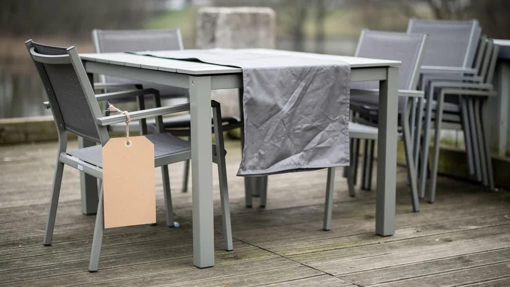 Aluminium-Gartentisch mit Stühlen und grauer Schutzhülle auf einer Terrasse, dazu ein leeres Kraftpapier-Preisschild am Stuhl.