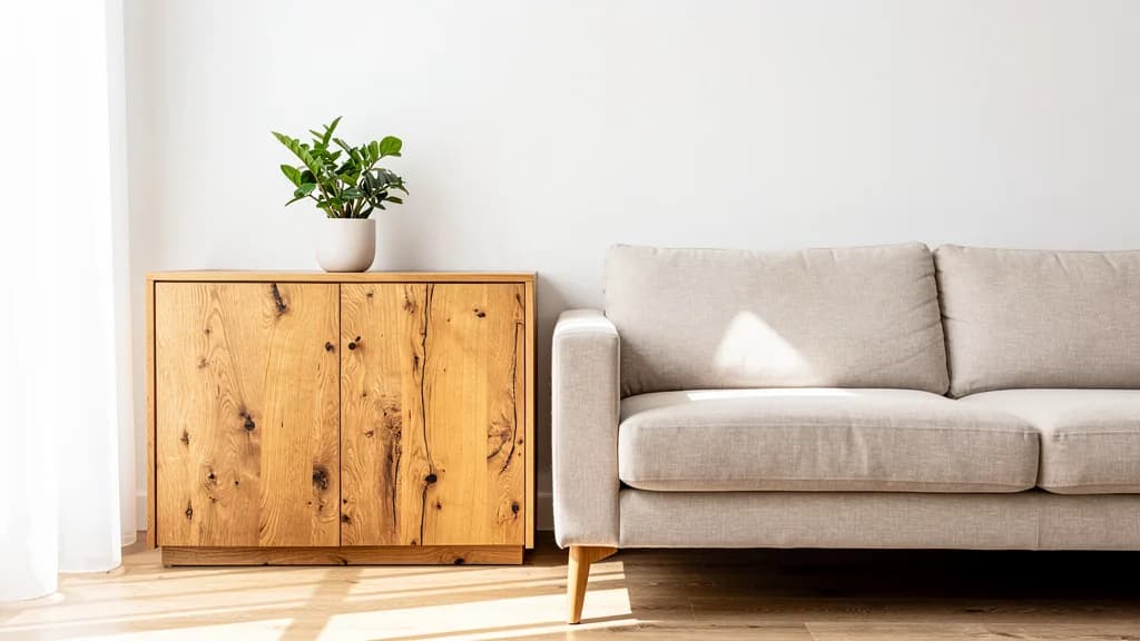 Massivholz-Sideboard aus Eiche mit grüner Zimmerpflanze neben einem Leinensofa in einem hellen Wohnzimmer.