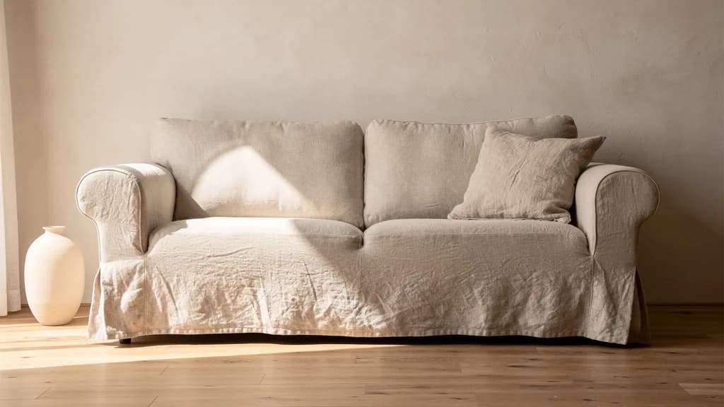 Zweisitzer-Sofa mit lose fallendem, naturbeigem Leinen-Hussenbezug vor heller Wand mit Keramikvase auf Eichenboden.