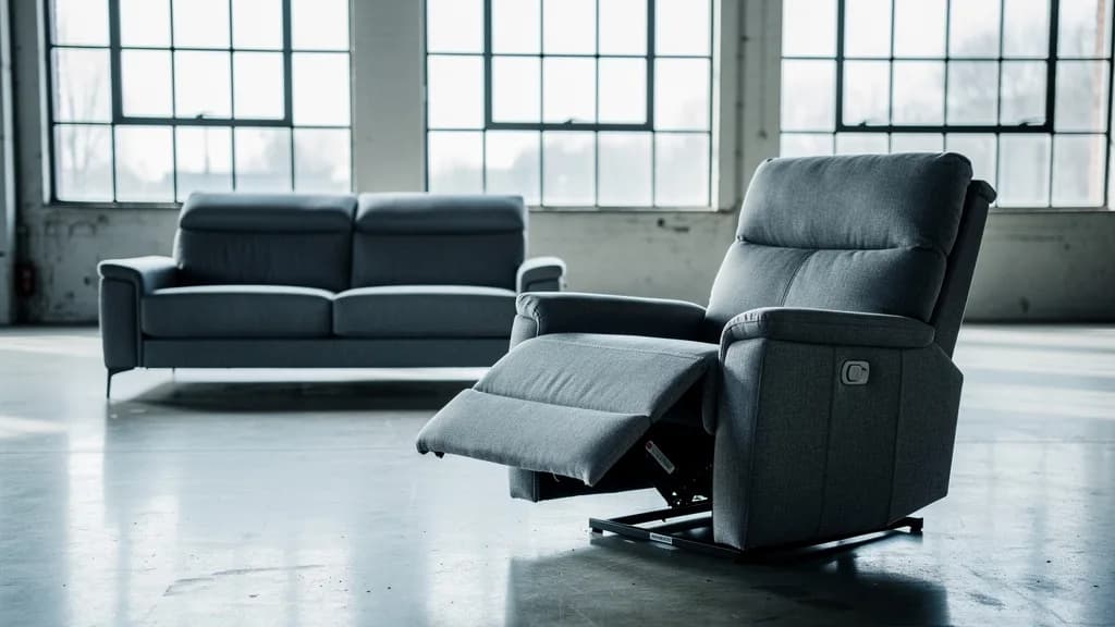 Grauer elektrischer Relaxsessel mit ausgefahrener Fußstütze neben einem Zweisitzer-Sofa in einer hellen Fabrikhalle.