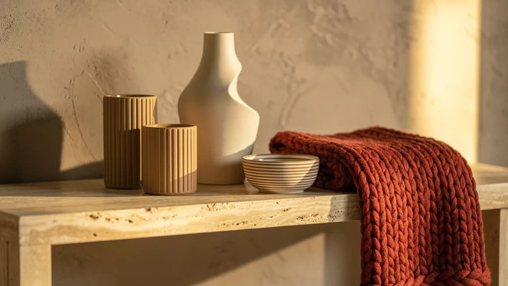 Cremefarbene Skulpturvase, geriffelte Steingutgefäße und gestreifte Schale auf Travertinkonsole, dazu eine rostrote Grobstrickdecke.