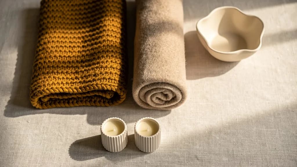 Ockerfarbene Strickdecke, gerollter sandfarbener Plaid, zwei geriffelte Kerzenhalter und eine cremefarbene Schale auf Leinen.