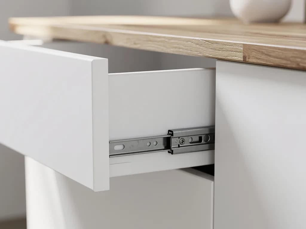 Halb geöffnete Schublade eines matt weißen Sideboards mit Eiche-Deckplatte und sichtbarem Metall-Auszug.