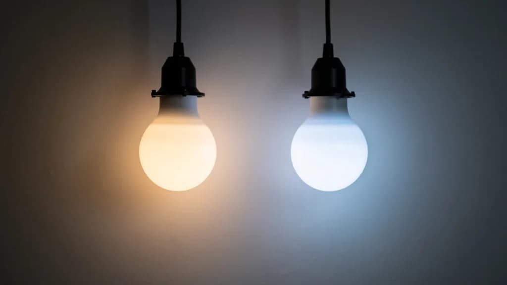 Zwei Pendelfassungen nebeneinander, die linke Lampe leuchtet warmweiß, die rechte kaltweiß.