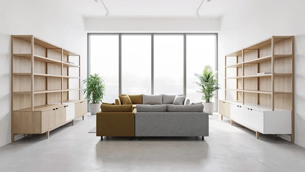 Heller, kompakter Möbel-Showroom mit hohen Eichenregalen, grau-senffarbenem Ecksofa und großen Fenstern.
