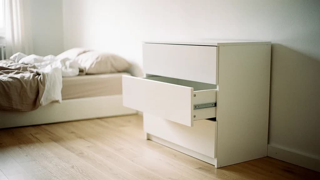 Weiße Flatpack-Kommode mit geöffneter Schublade in einem hellen skandinavischen Schlafzimmer