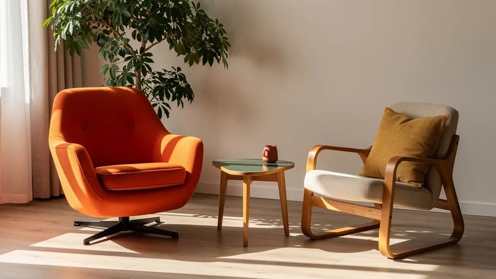 Oranger Drehsessel und heller Holzsessel mit niedriger Lehne neben einem grün lackierten Beistelltisch in einem sonnigen Wohnzimmer im Retro-Stil.