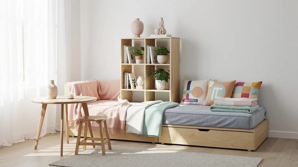 Helles skandinavisches Kleinraum-Zimmer mit Würfelregal als Raumteiler, Holzhocker und bunten Kissen.