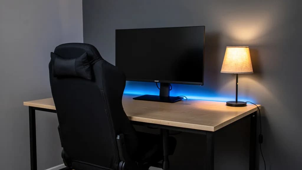 Gaming-Ecke mit heller Birkenschreibtischplatte, schwarzem Gaming-Stuhl, ausgeschaltetem Monitor und blauem LED-Streifen.