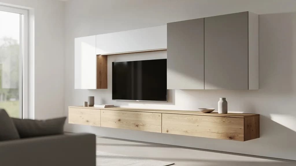 Modernes Wohnzimmer mit einer matten Wohnwand in Weiß und Grau und einem schwebenden Sideboard aus Eiche