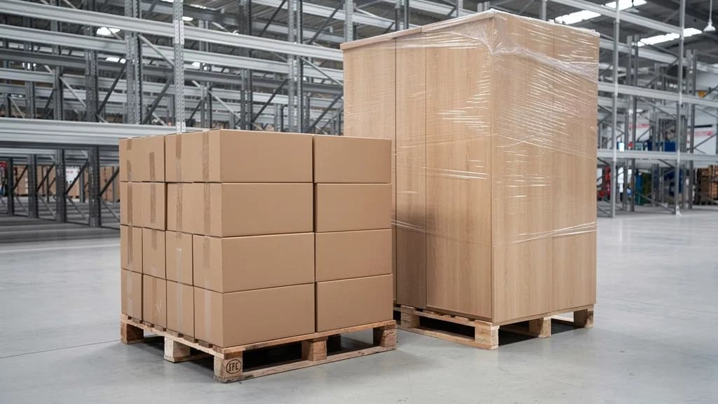 Zwei Paletten mit braunen Möbelkartons und folienverpackten Eichenplatten in einer hellen Logistikhalle.
