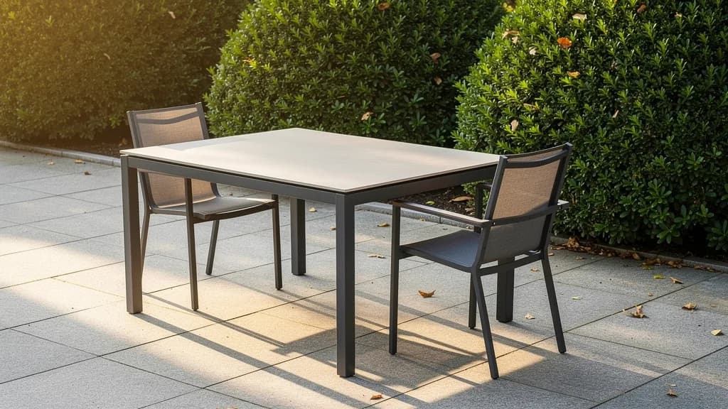 Gartentisch mit Anthrazit-Aluminiumgestell und heller Keramikplatte, dazu zwei Stühle auf einer Steinterrasse.