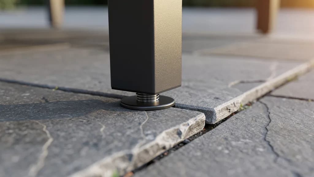 Aluminium-Tischbein mit ausgedrehtem Gewinde-Stellfuß auf unebenen Terrassenplatten mit sichtbarer Fuge.