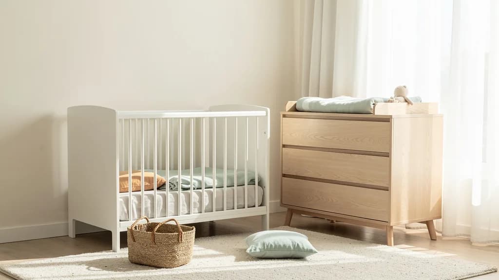 Helles Babyzimmer mit weißem Gitterbett, Wickelkommode aus Birke, Korb und mintfarbenen Textilien.