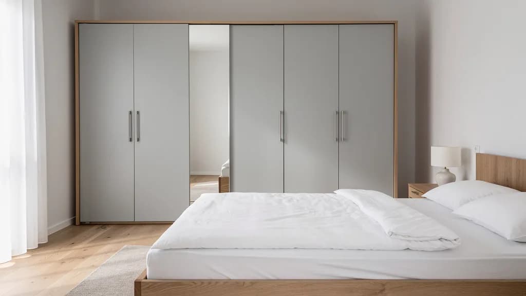 Hellgrauer Kleiderschrank mit Spiegelfront und Eichenrahmen hinter einem Bett mit weißer Bettwäsche.