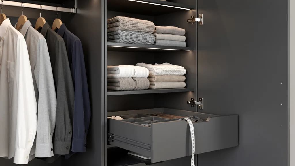 Offener anthrazitfarbener Kleiderschrank mit Hemden, gefalteten Pullovern und Schublade mit Fachteilern.