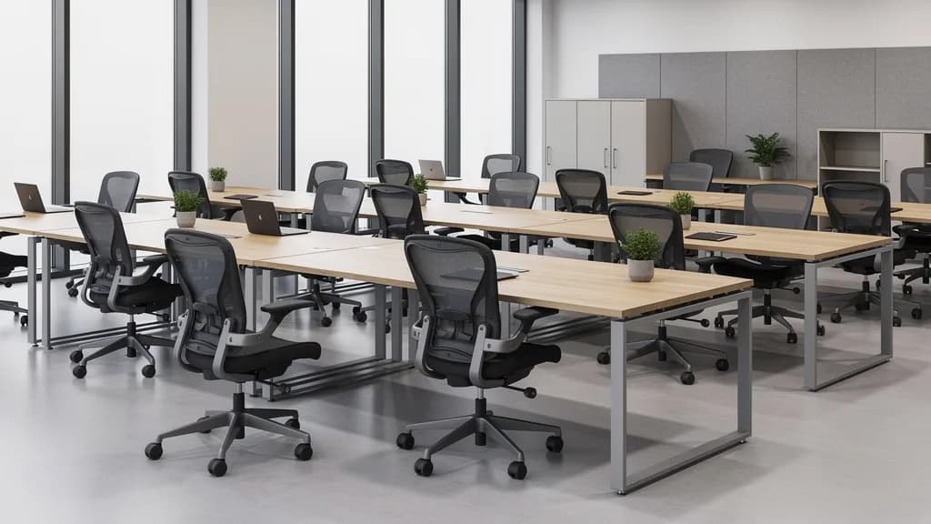 Modernes Großraumbüro mit Reihen ergonomischer Bürodrehstühle und Schreibtischen aus heller Eiche bei Tageslicht.