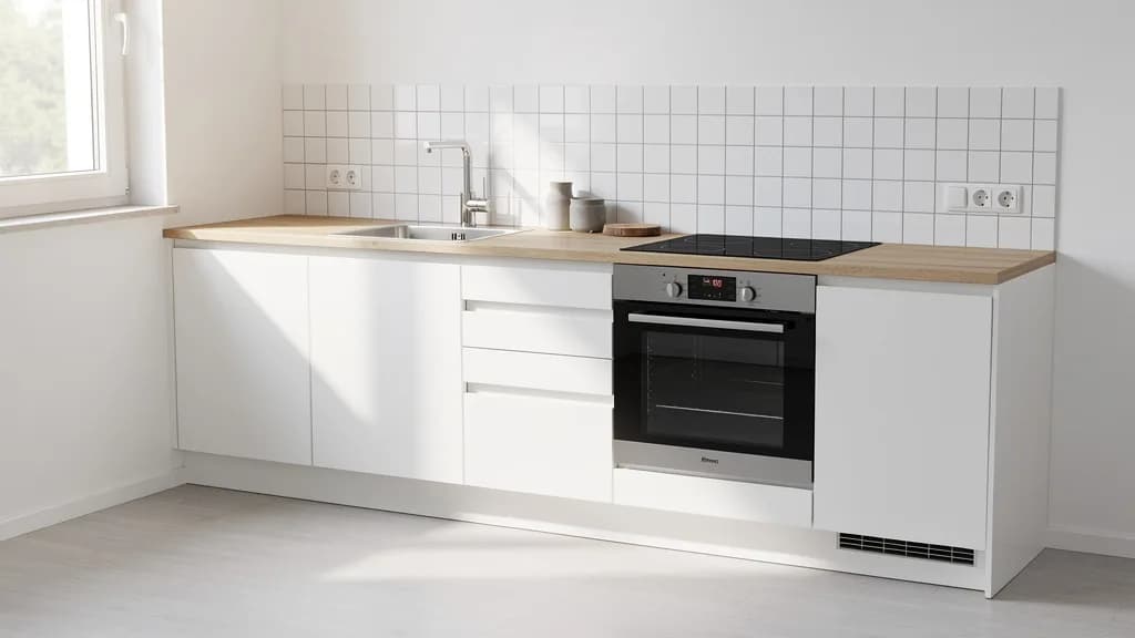 Weiße Küchenzeile mit Eichen-Arbeitsplatte, Einbaubackofen und Induktionskochfeld in einem hellen Raum.