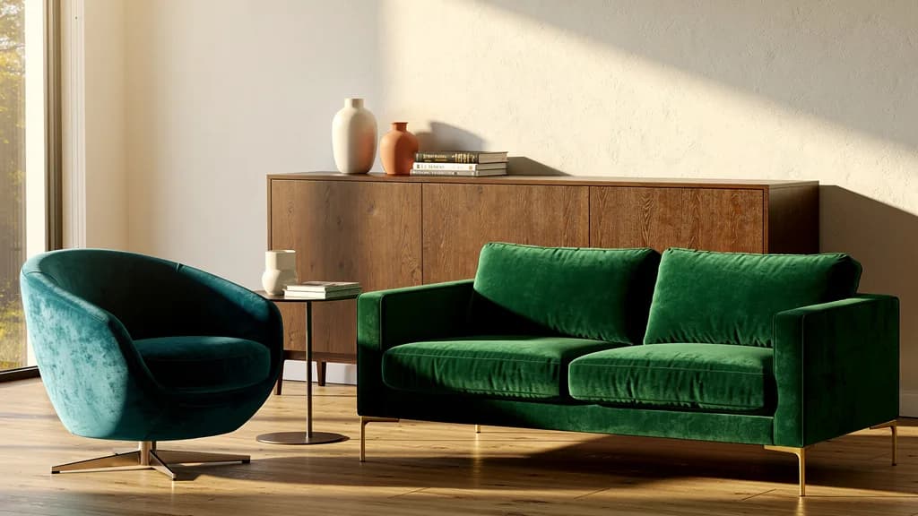 Smaragdgrünes Samtsofa mit Goldfüßen neben einem petrolfarbenen Drehsessel und einem Eichen-Sideboard im warmen Nachmittagslicht.