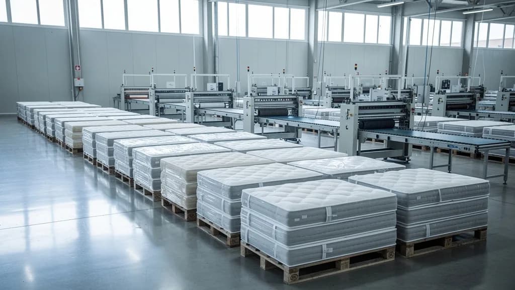 Menschenleere Matratzenproduktion mit gestapelten weißen Matratzen auf Paletten und Steppmaschinen in einer hellen Fabrikhalle.